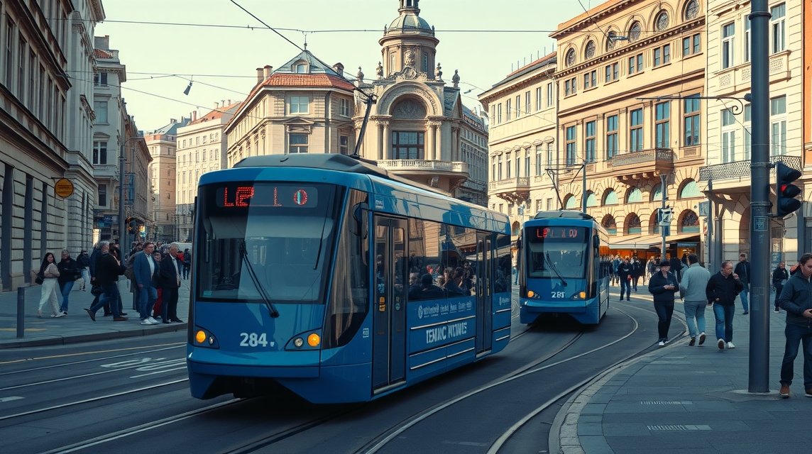 Zágráb kék villamosok közlekedése a városban.