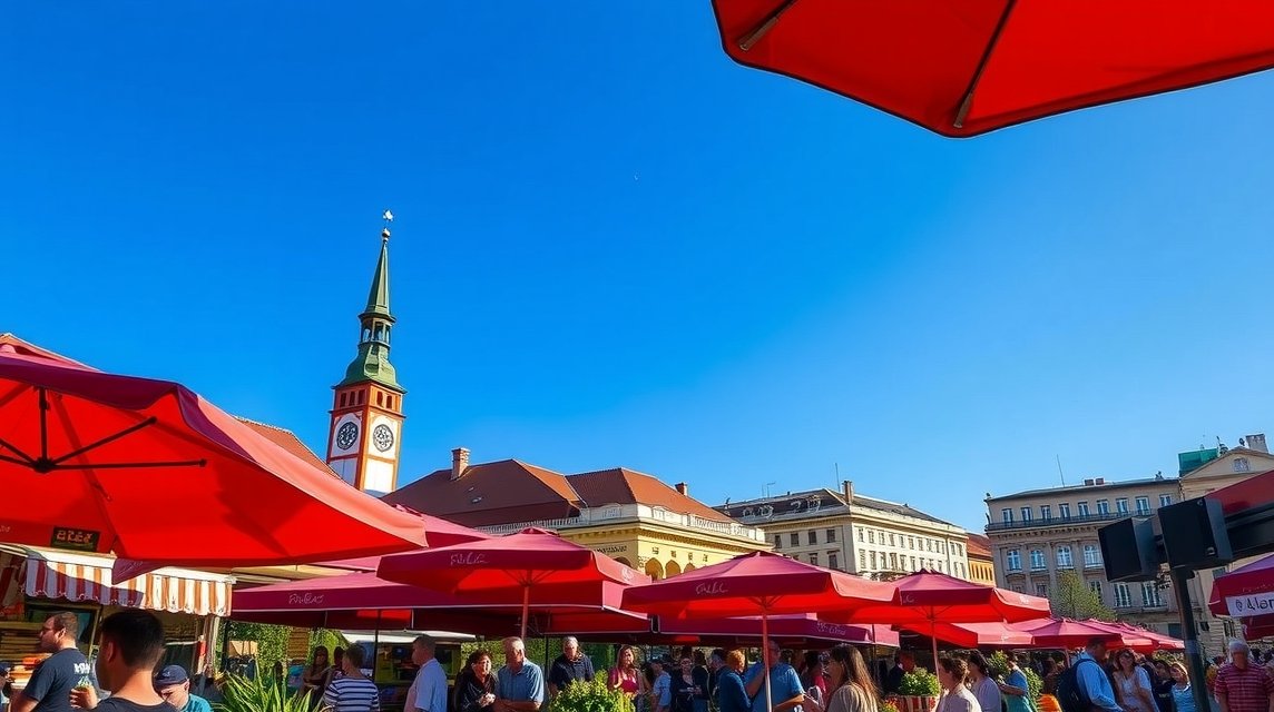 Piros napernyők a Zágráb Dolac piacon friss termékekkel.