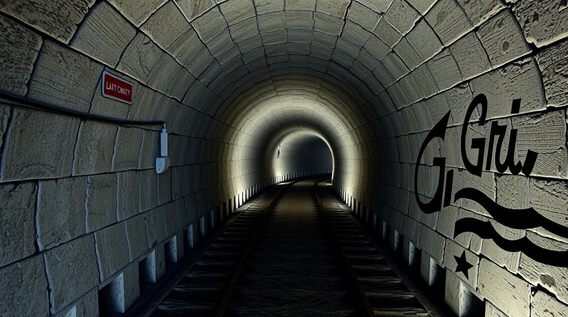 A Grič alagút belső nézete, világítással és vasúti sínnel.