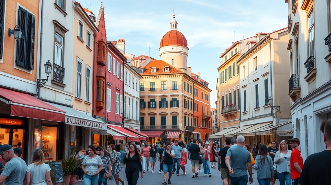 Kalelarga utca Zárában, színes épületekkel és sétáló turistákkal.