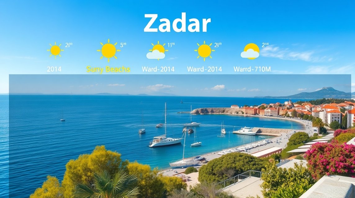 Zára strandja napfényes időjárással és turisztikai látnivalókkal.