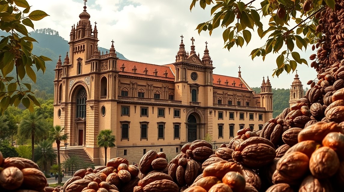 A Monasterio de Piedra épülete és kakaóbabok