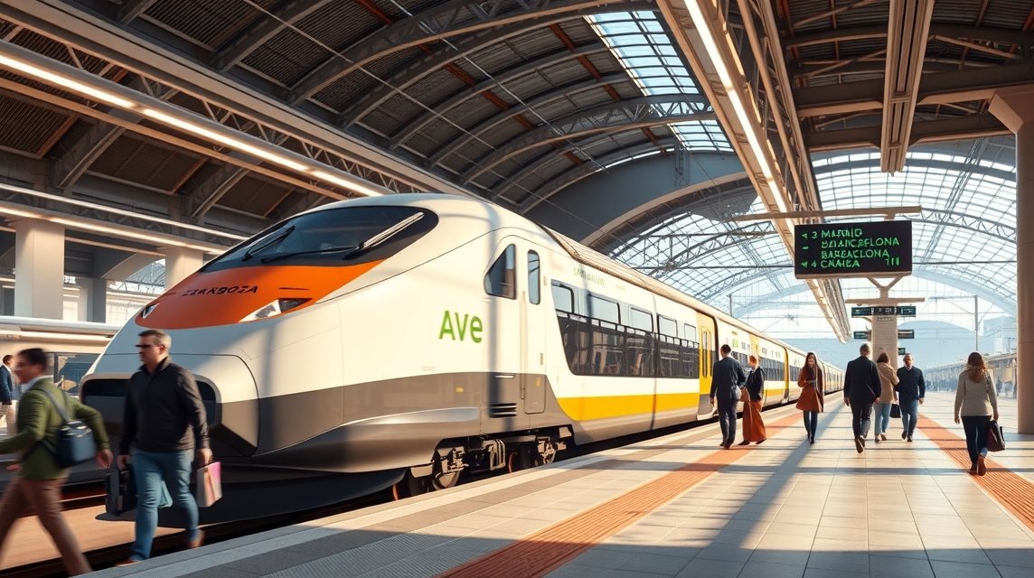 AVE vonat a Zaragoza állomásán, utasok a peronon