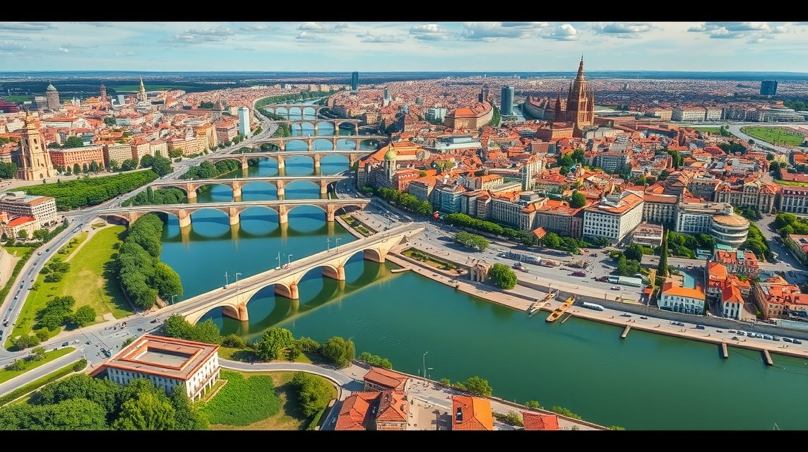 Panoráma Zaragoza városáról az Ebro folyóval és hídjaival.