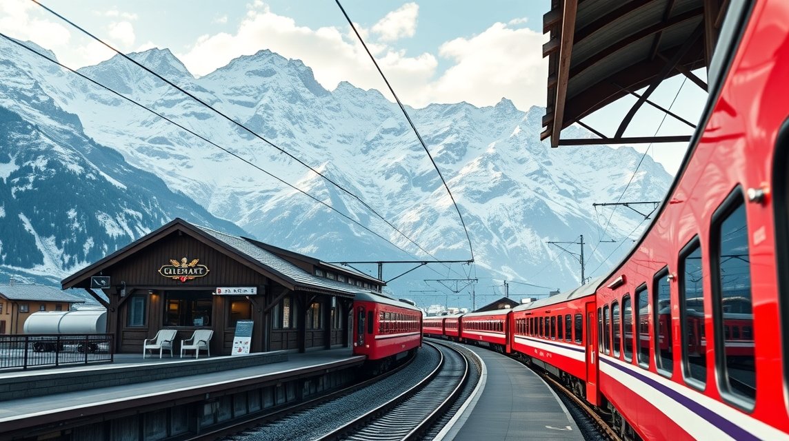 Glacier Express vonat Zermatt állomásán a hegyek között