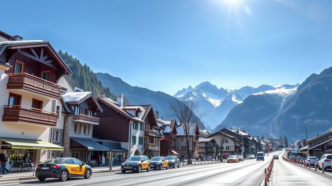 Zermatt autómentes falu, elektromos taxikkal és gyönyörű hegyekkel.