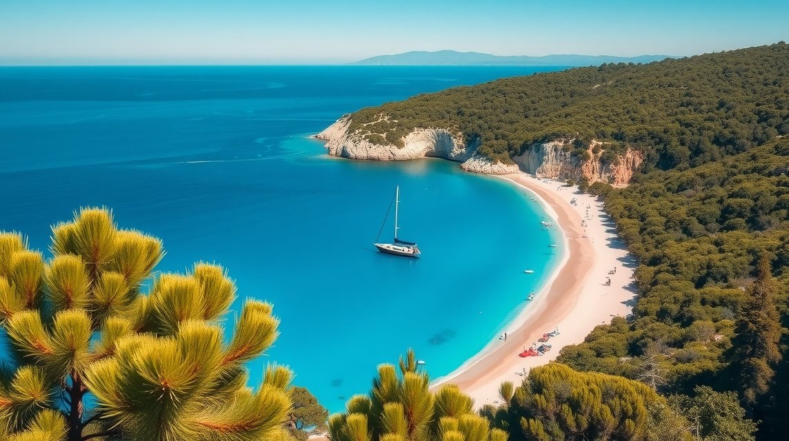 Zlatni Rat strand, Brač, gyönyörű tengerpart és vitorlás hajó