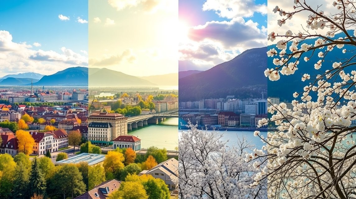 Zürich négy évszakának szépsége: tavaszi virágzás, nyári napfény, őszi színek, téli hulló hó.