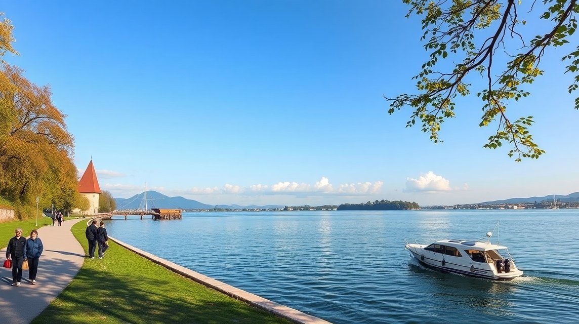 Séta a Zürichi-tó partján hajókkal és gyönyörű tájjal