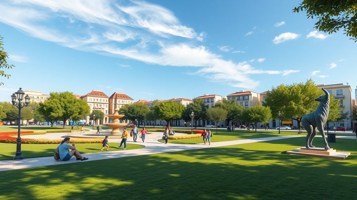 Bertoua városi park, Place des Fêtes, zöld területek és sétányok