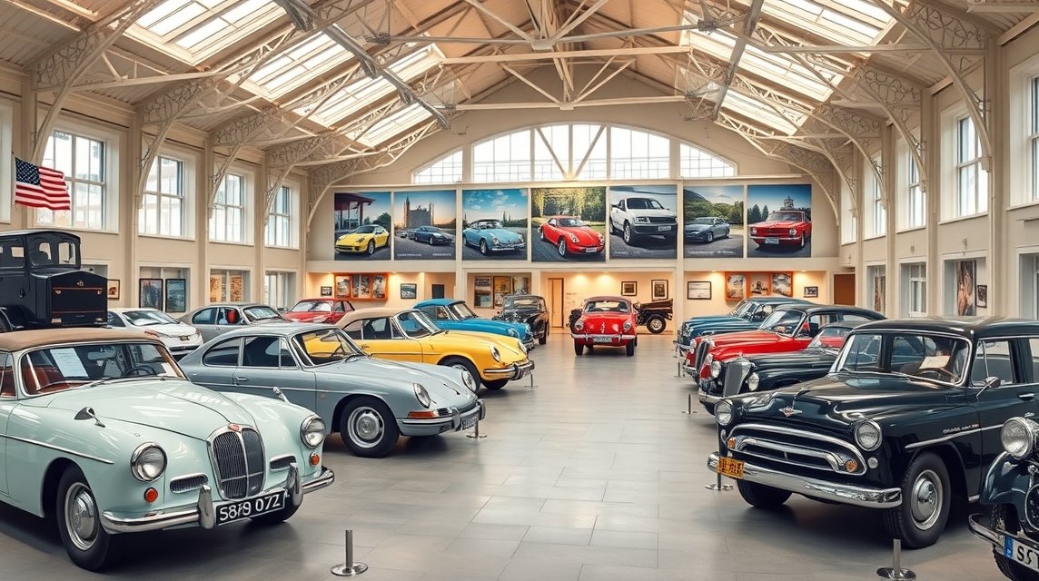 A Bornholmi Autómúzeum belső tere, veterán autók gyűjteménye