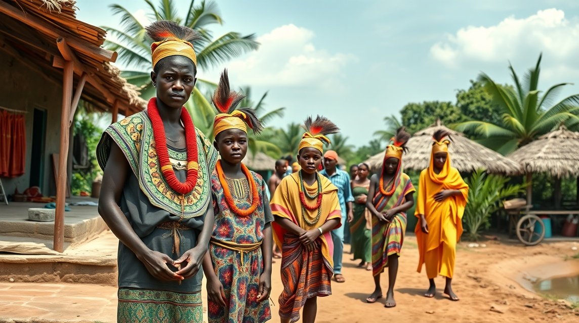 A Gbaya nép hagyományos öltözetben, Bertoua közelében, Kamerunban.