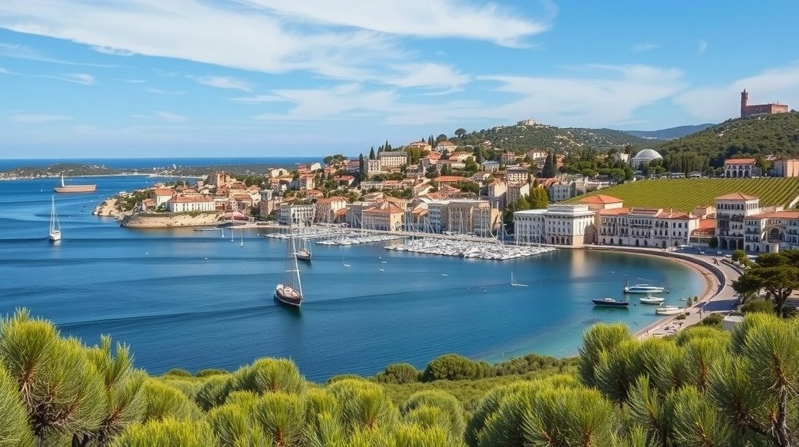 Gyönyörű kilátás Bandol városára Provence-ban, hajókkal és tengerparttal.