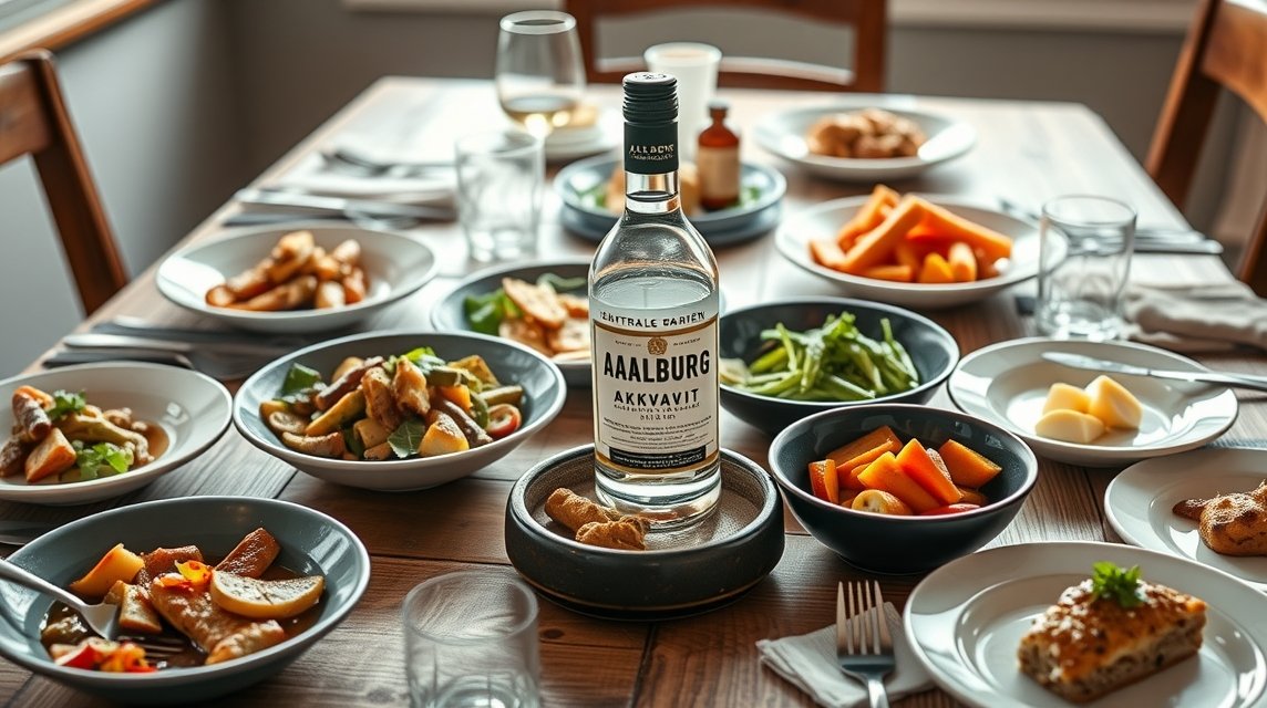 Aalborg akvavit és gazdag skandináv étkezés asztalnál.