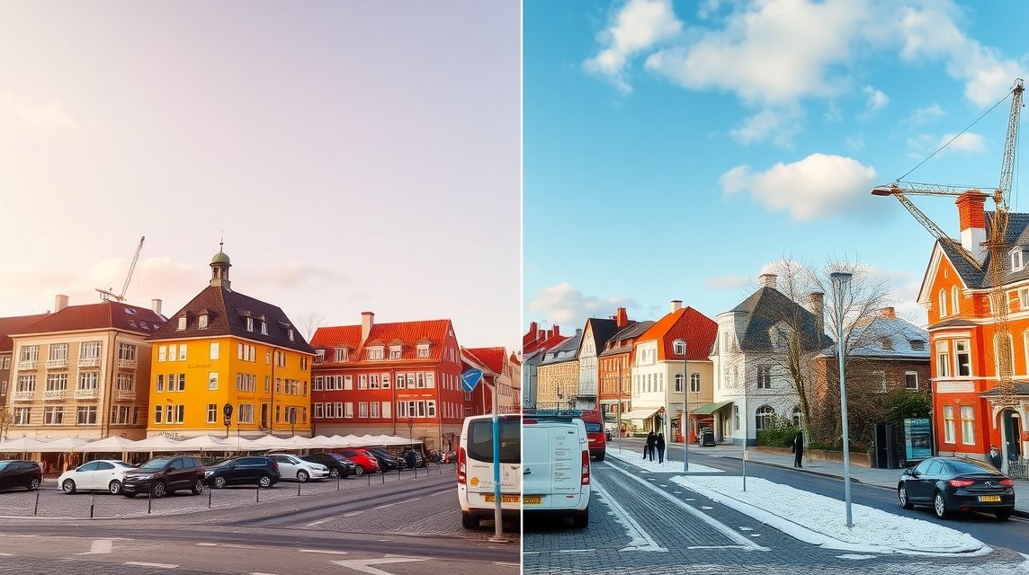 Aalborg városképe: színes épületek és téli időjárás