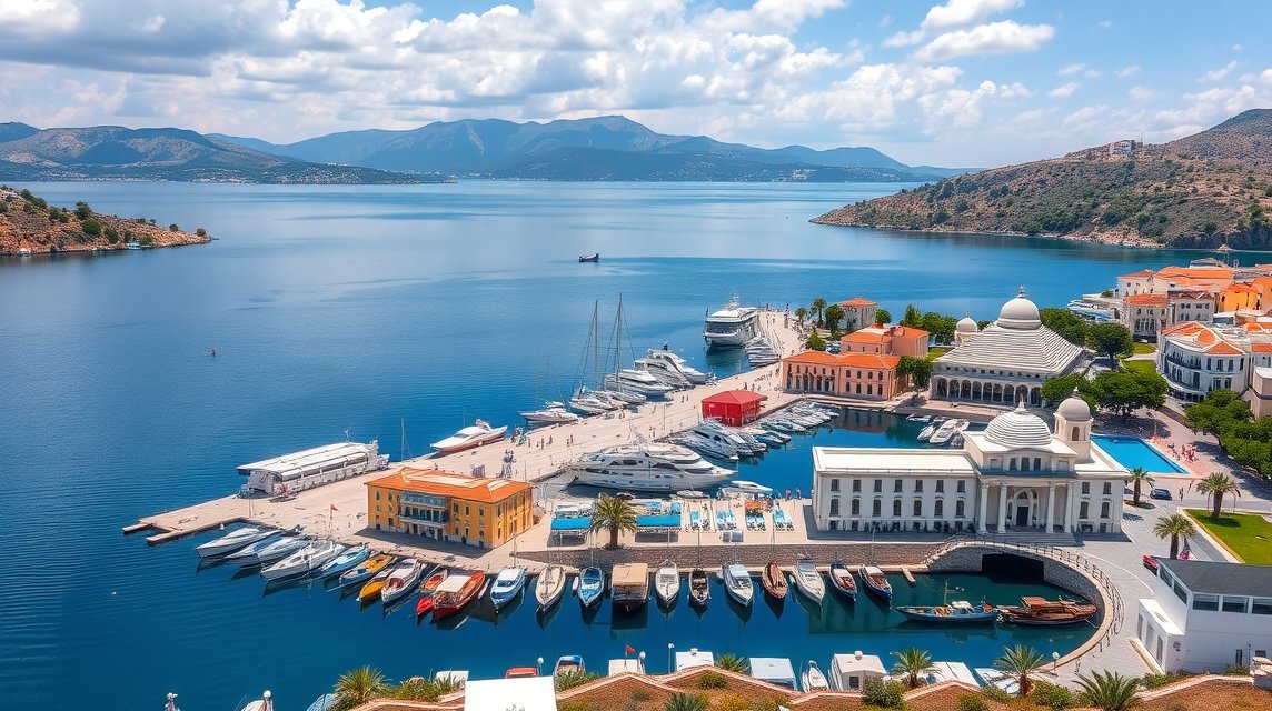 Agios Nikolaos kikötője Krétán gyönyörű tengeri kilátással.