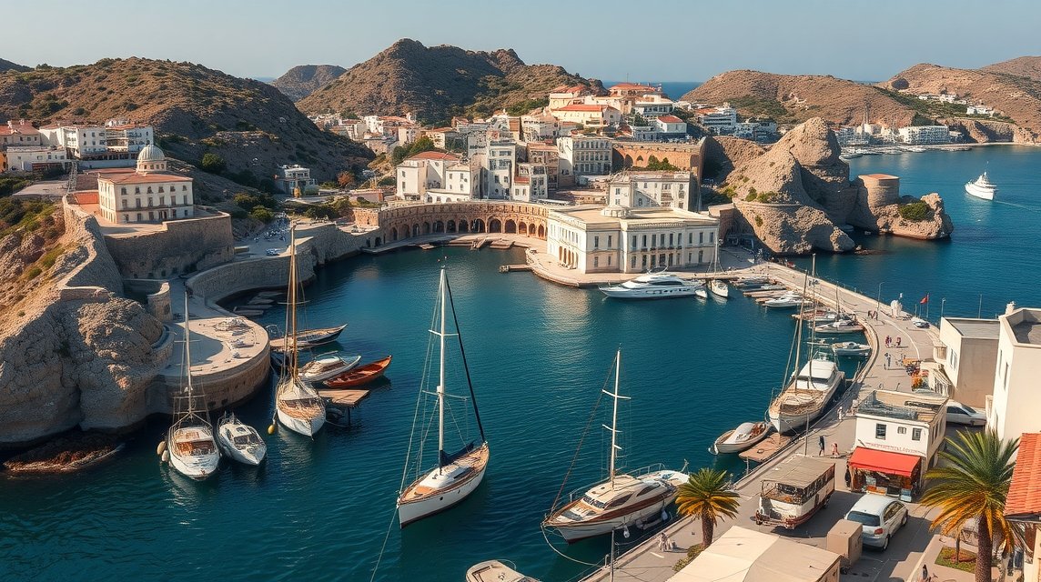 Águilas kikötője gyönyörű jachtokkal és mediterrán tájjal.