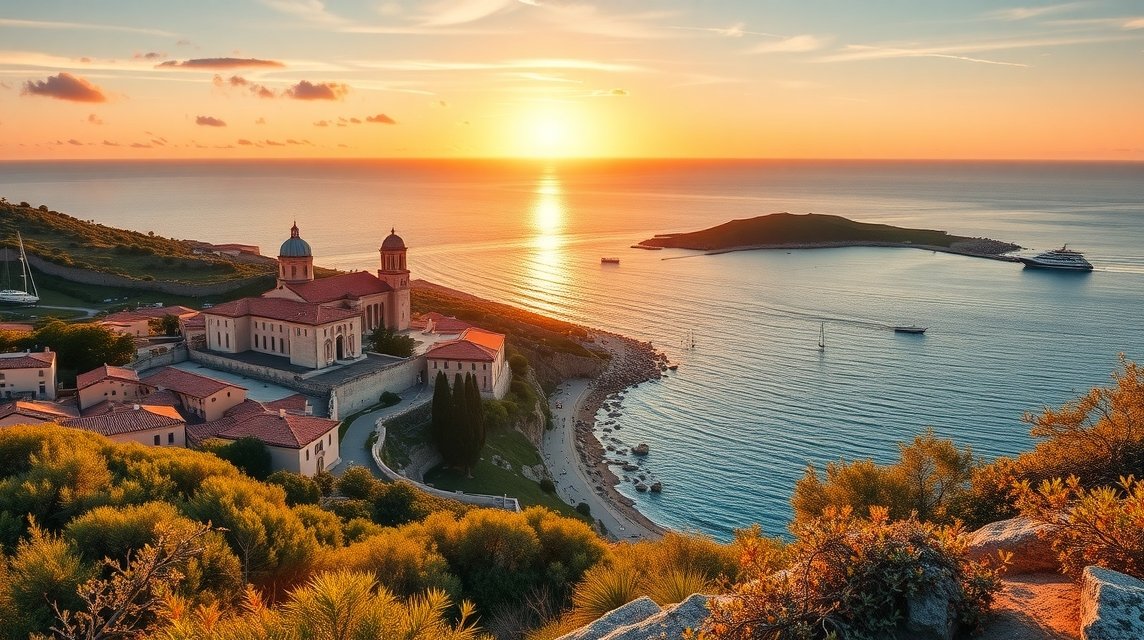 Napóleon szülővárosának naplementéje Ajaccio, Korzika felett.