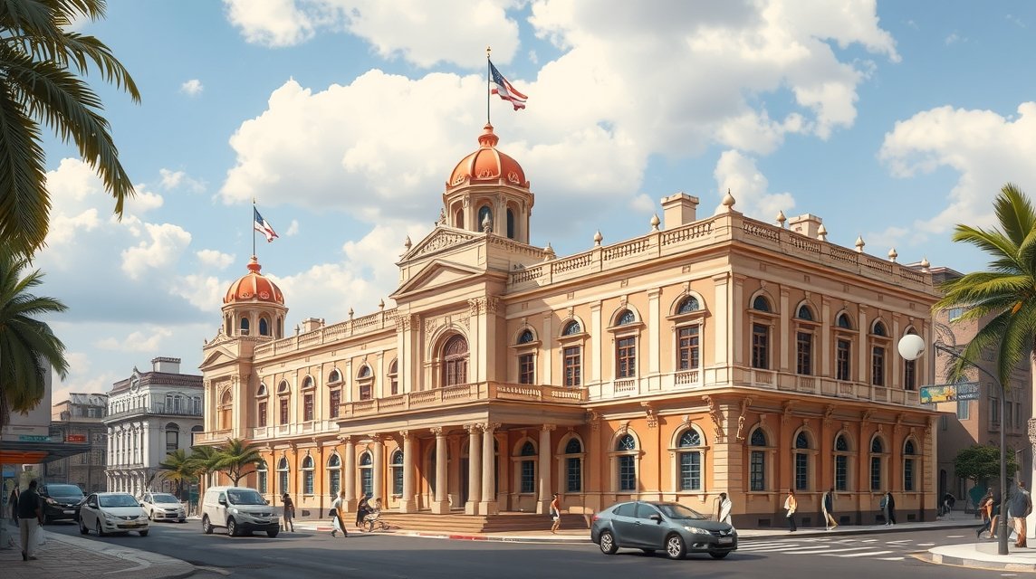 Akwa Palace pompás építészete Douala városában Kamerunban.