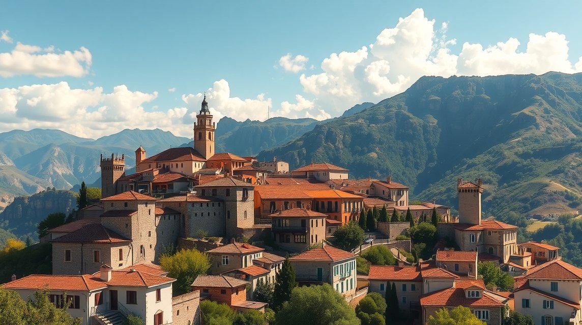 Albarracín középkori falu a hegyek között, romantikus panorámával