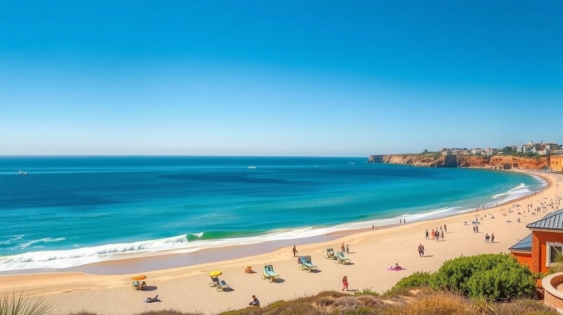 Albufeira tengerpartja napsütésben, ideális nyaralási helyszín.