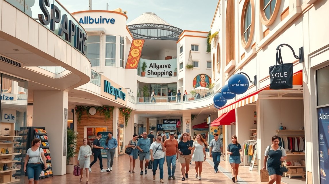 Az Algarve Shopping központ látképe Albufeirában, vásárlókkal.