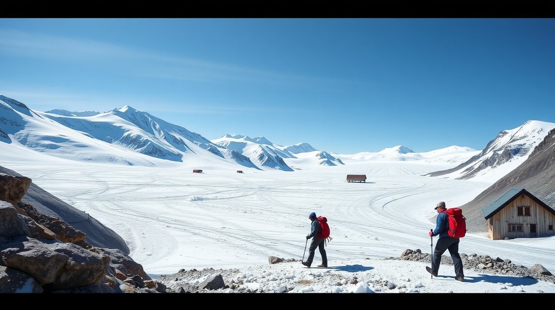 Túrázók az Aletsch-gleccser jégfolyama mellett az Alpokban.