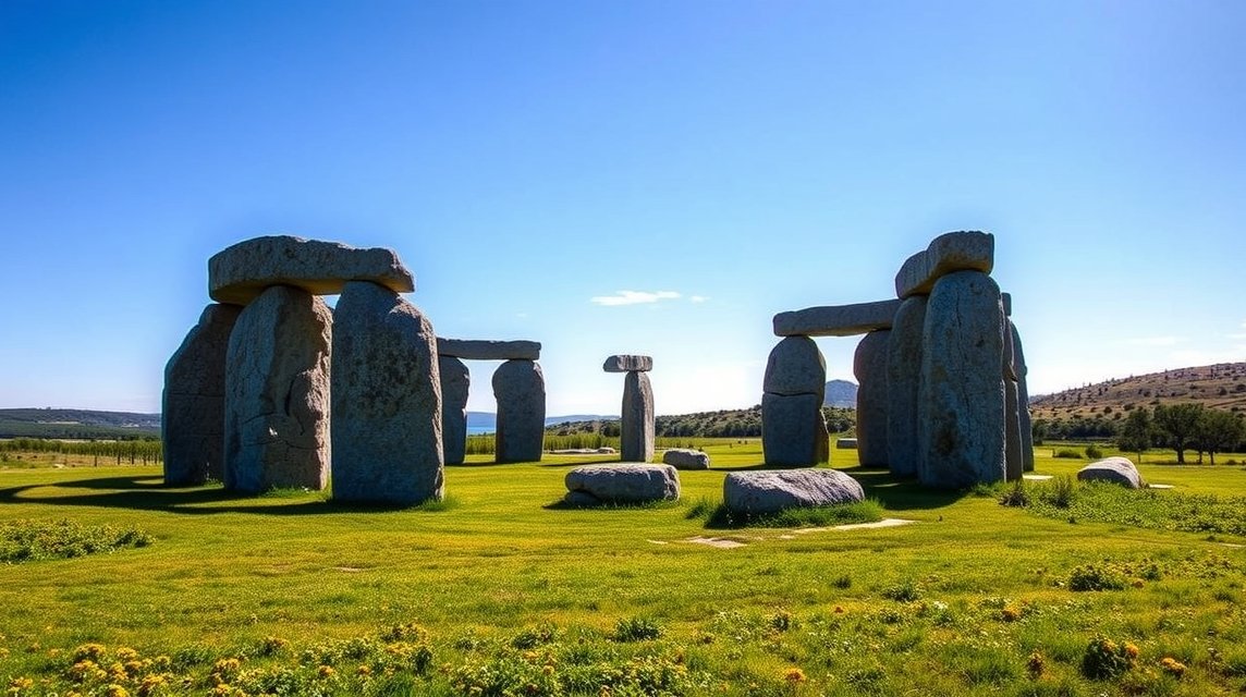 Almendres Cromlech, a leghíresebb megalitikus emlékhely Évora közelében Portugáliában.