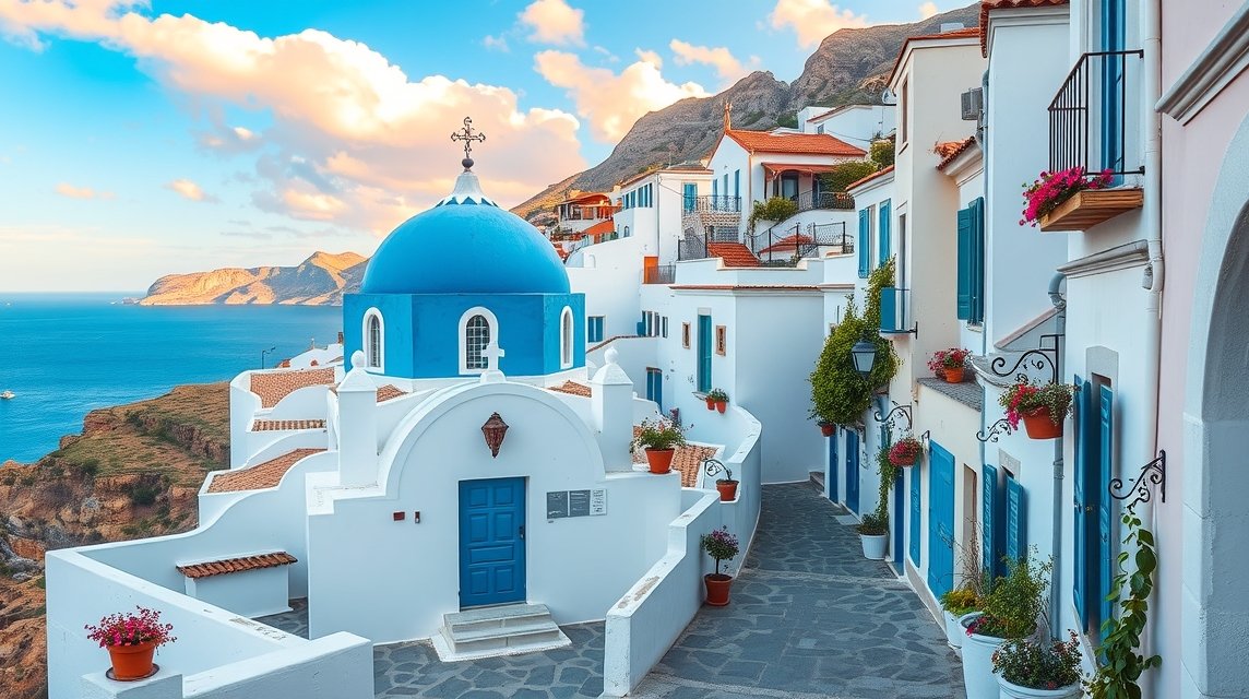 Fehérre meszelt sikátorok és kék kupolás templom Altea városában, Spanyolországban.