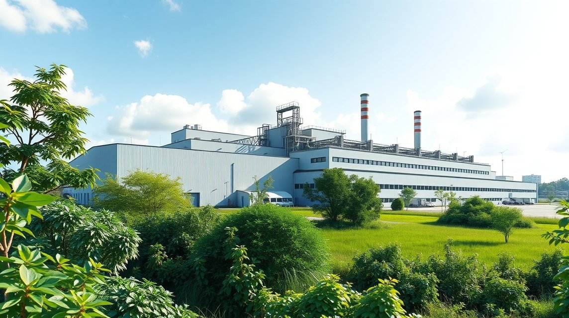 Az Alucam alumíniumgyár külső látványa Edéában, Kamerunban.