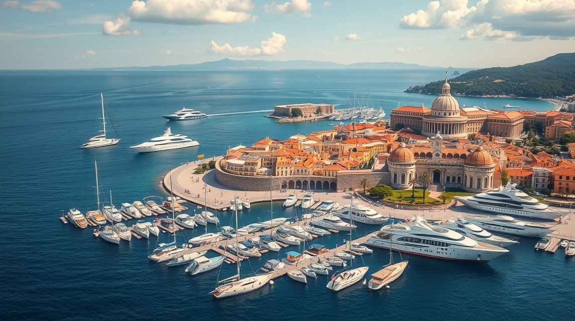 Látkép Antibes városáról, milliárdosok kikötőjével és Fort Carré erődjével.