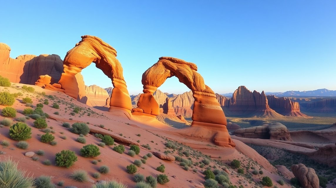 Két lenyűgöző kőkapu az Arches Nemzeti Parkban, vörös sziklák között.