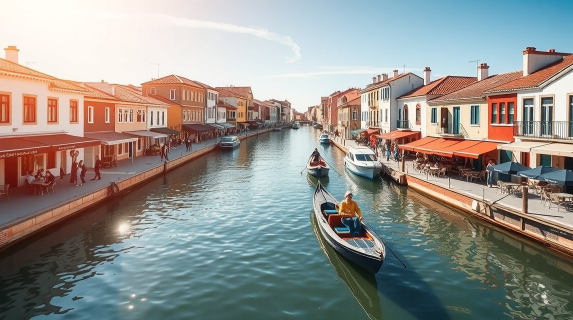 Aveiro csatornája napsütésben, csónakkal a vízen.