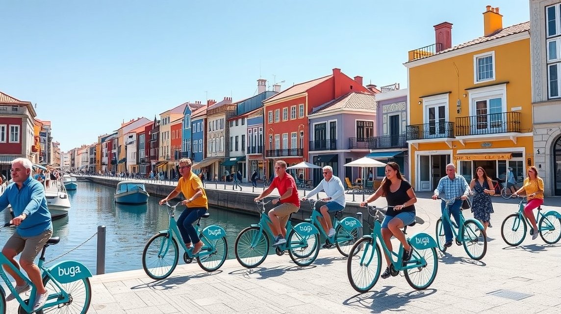 Az ingyenes BUGA kerékpárok használata Aveiróban, Portugáliában.