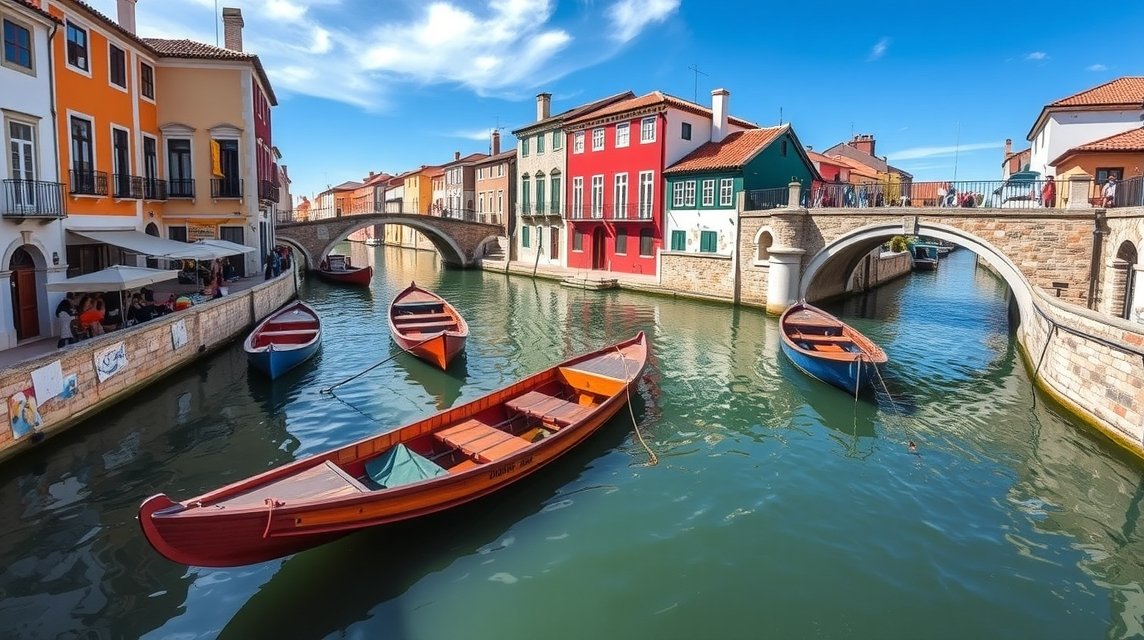 Aveiro gyönyörű csatornái és színes csónakjai Portugáliában.