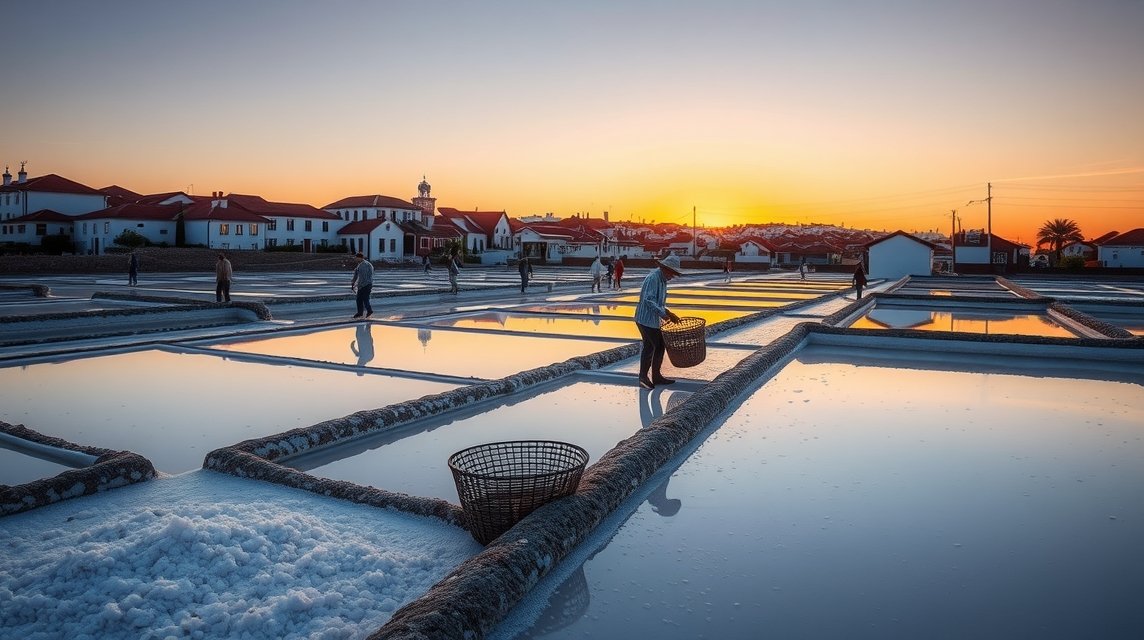 Aveiro sólepárlók naplemente alatt a fehér arany mezőkön.