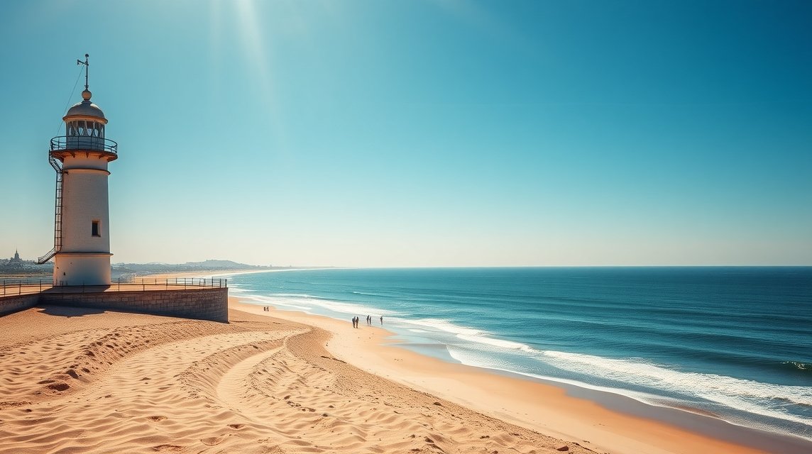 Aveiro Barra tengerpart és világítótorony a homokdűnék mellett