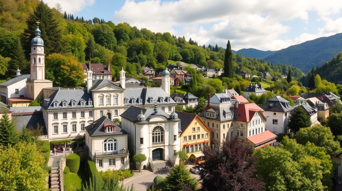 Bad Ems városának panorámaképe a gyógyfürdők között Németországban.