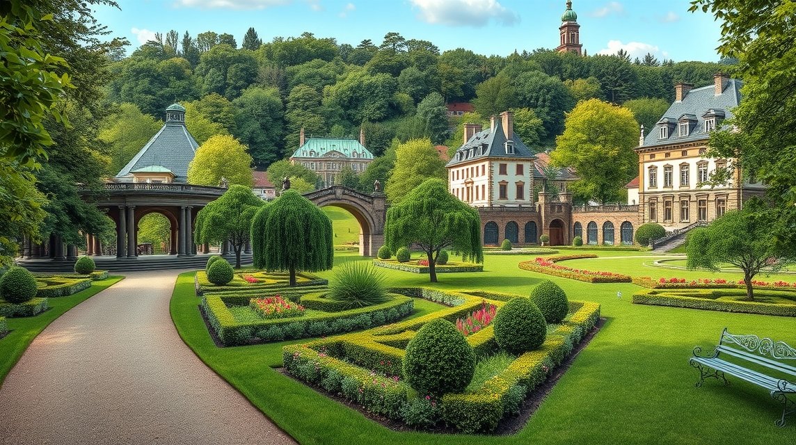 Bad Muskau angolkertének látképe a történelmi épületekkel