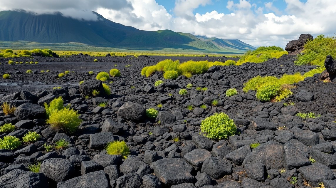 Bakingili lávafolyás fekete sziklái és zöld növények Kamerunban
