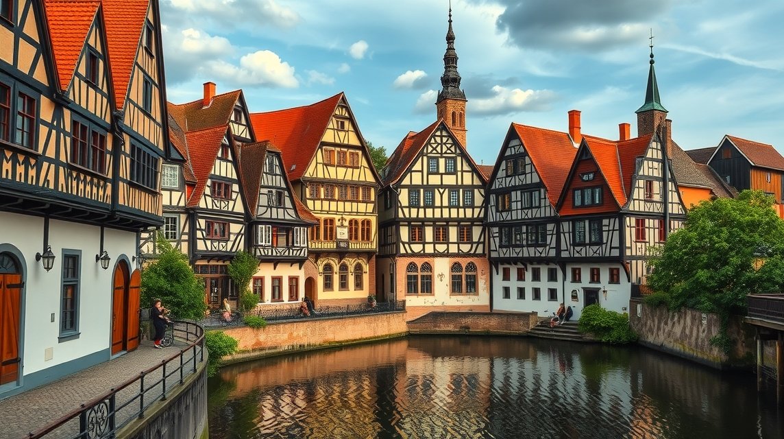 Bamberg történelmi házai a folyóparton, Kis Velence bájával.