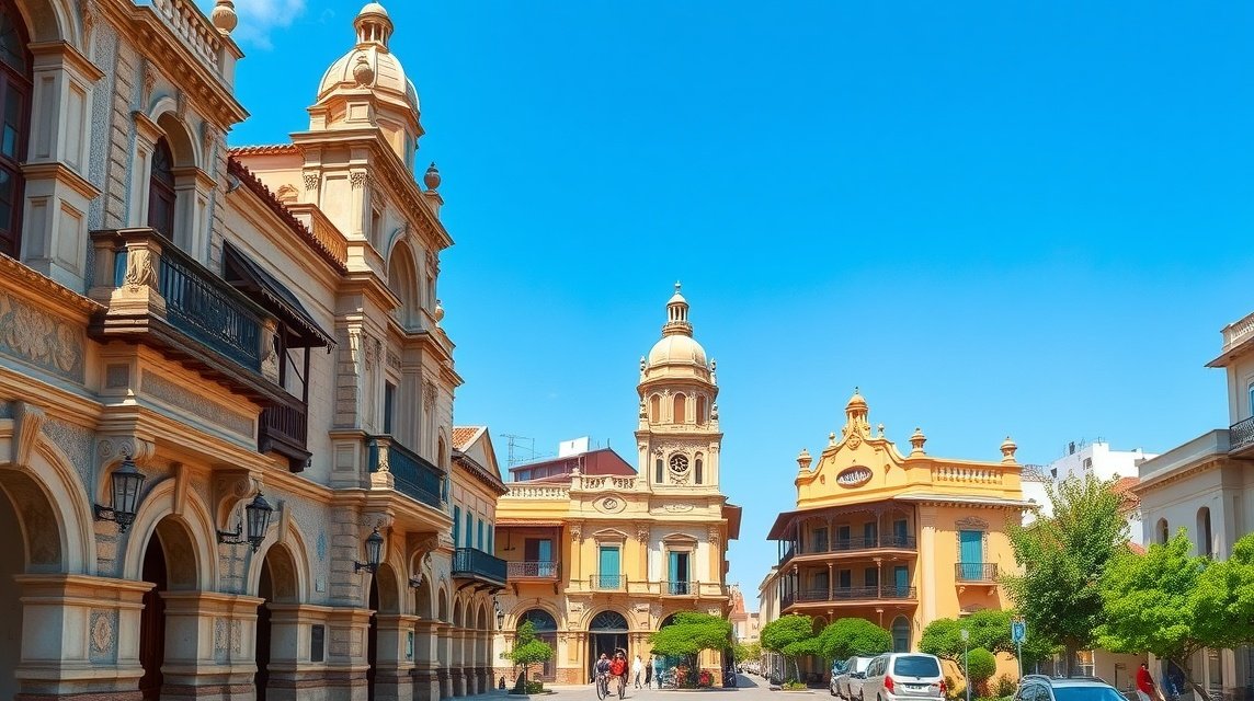 Régi gyarmati épületek Batouri központjában, Kamerunban.