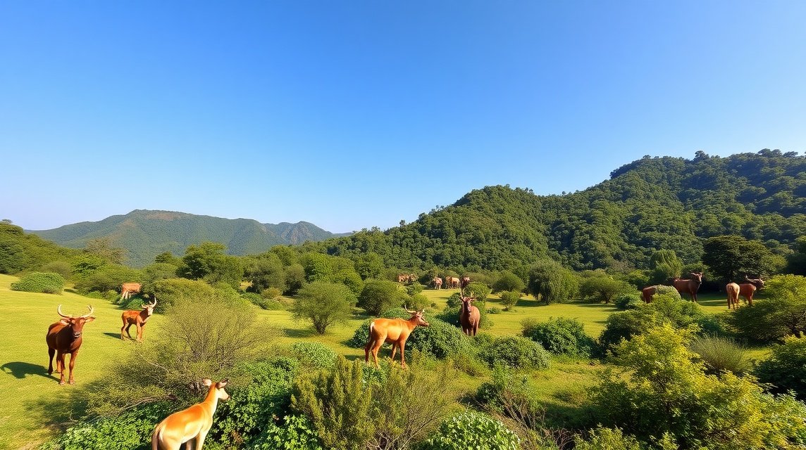Batouri vidéke zöldellő tájjal és állatokkal, Kamerunban.