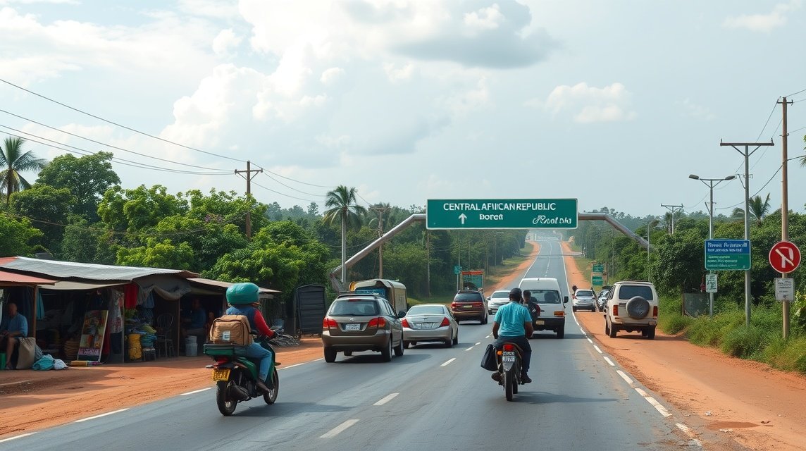 A Batouri felé vezető út Kamerunban, Közép-Afrika határa.
