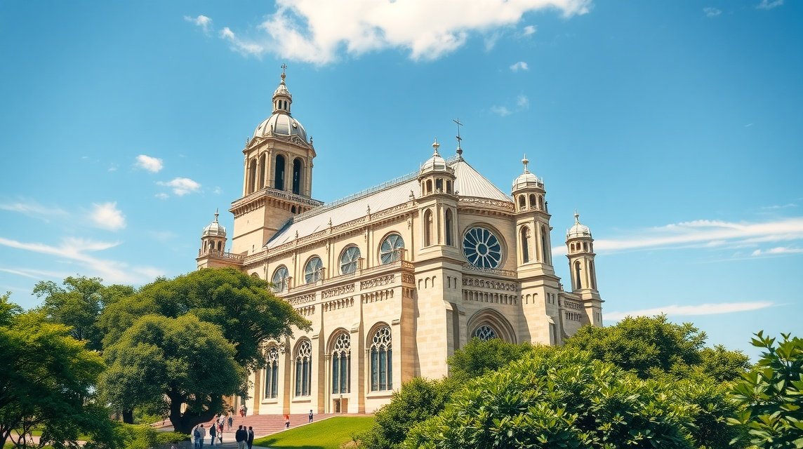 A Notre Dame Katedrális Batouriban, lenyűgöző építészeti részletekkel.