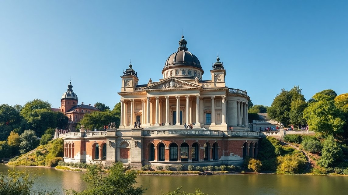 A Befreiungshalle monumentális épülete Kelheimben, a Duna partján