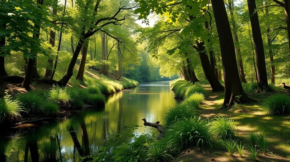 Folyóparti erdősáv Bélabóban, zöld fák és víz tükröződése