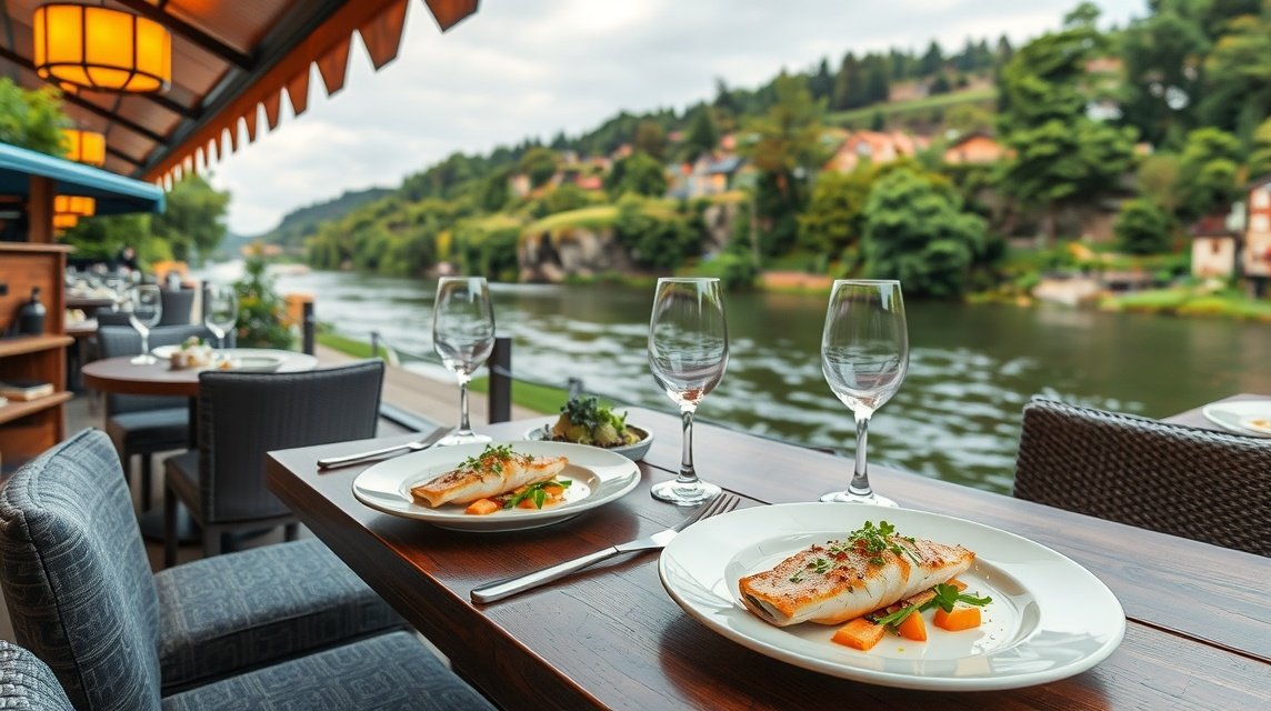 Friss folyami halételek egy étterem teraszán, gyönyörű folyóparttal.