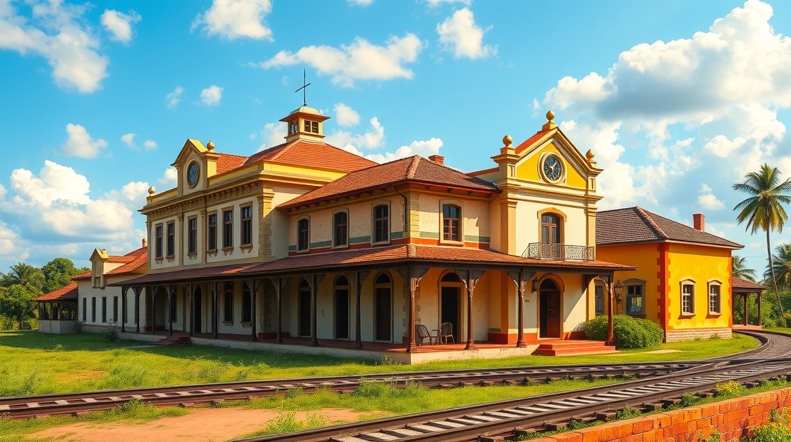 Gyarmati vasúti épület Bélabóban, Kamerunban, gyönyörű tájban.