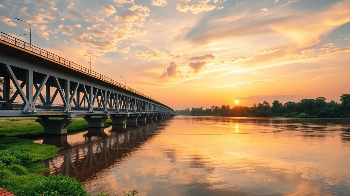 A Sanaga folyó hídja naplementében Bélabó közelében